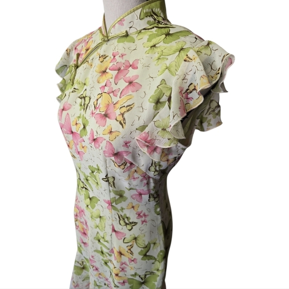 Vintage Y2k Asymetrical Asian Style Butterfly Print Flutter Sleeved Dress - Picture 4 of 8